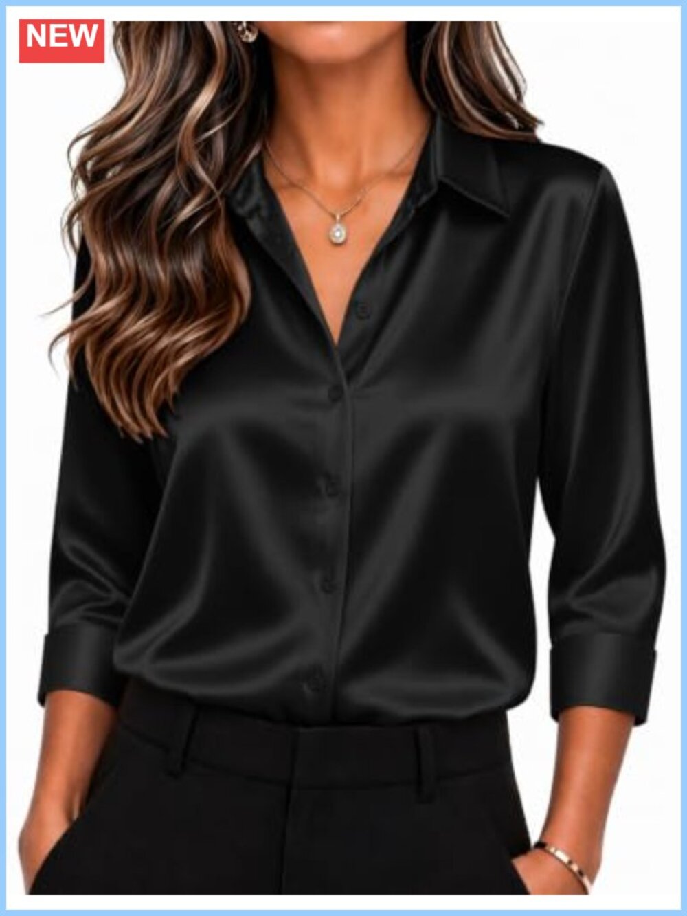 Zeagoo Satin Blouse Women's 3/4 Sleeve Button Down Shirt Office Wear, S-2XL
